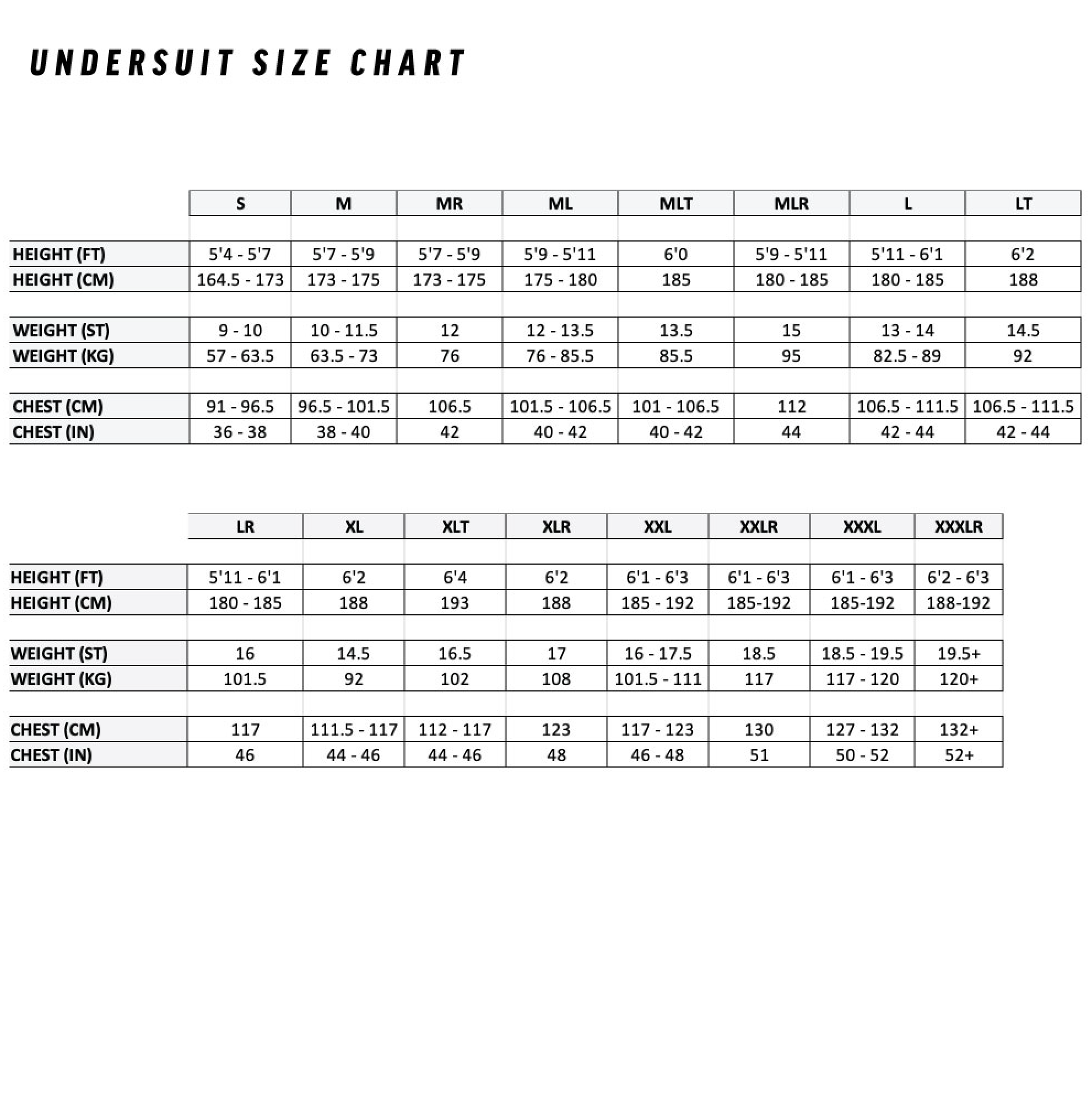 Undersuits Size Chart