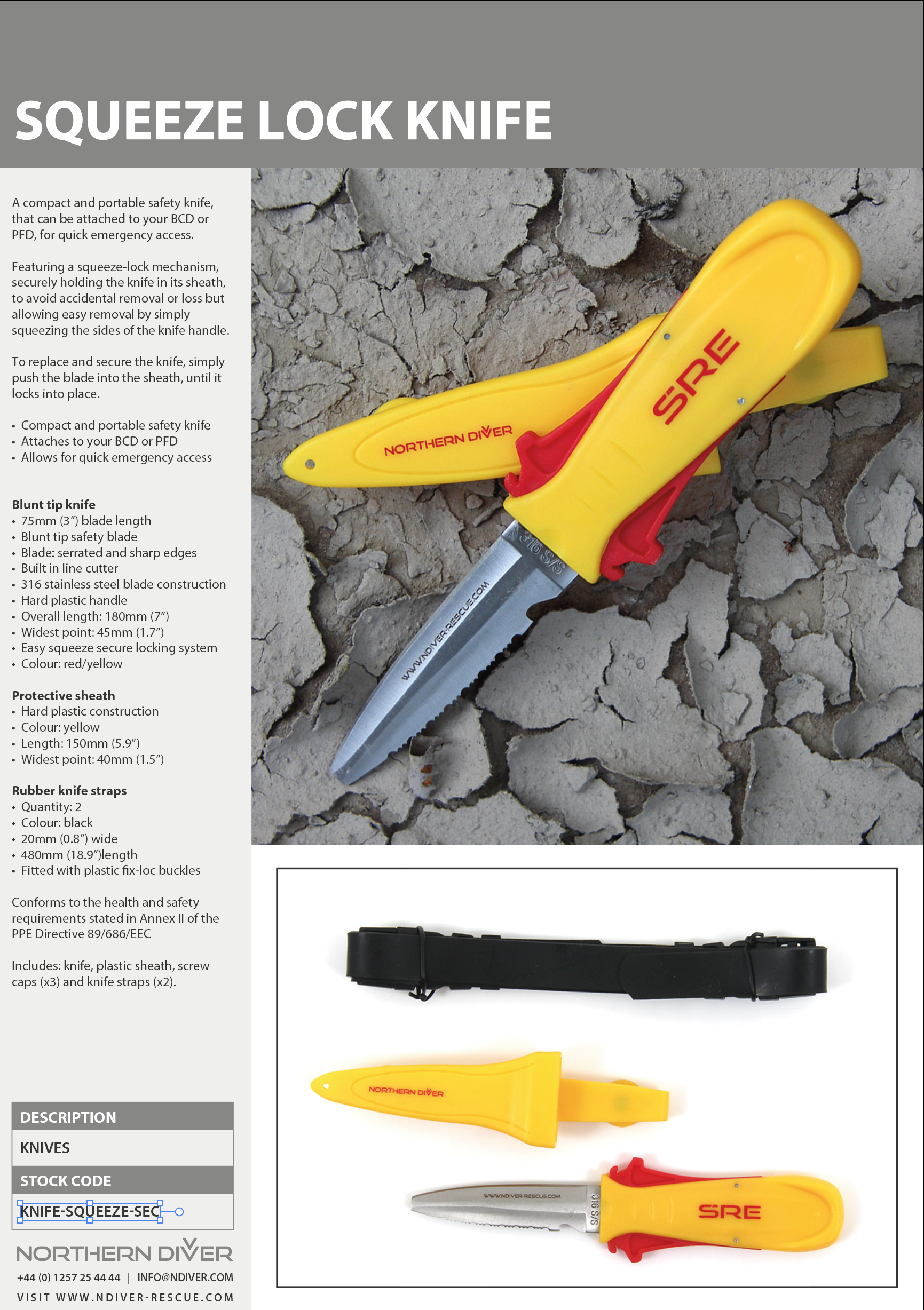 SRE Squeeze Lock Knife Data Sheet