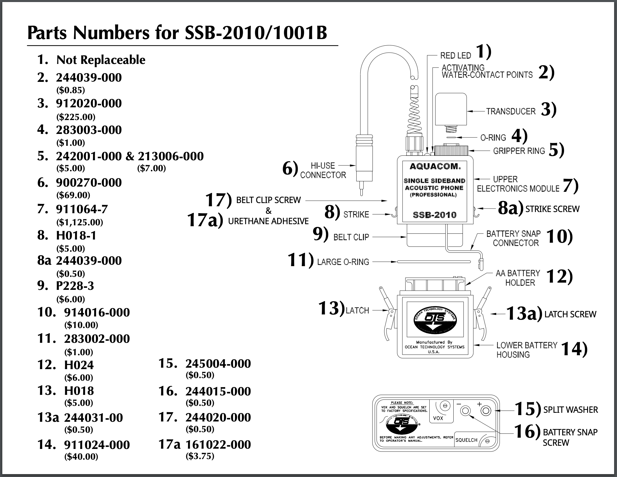 SSB-2010/1001B Parts List