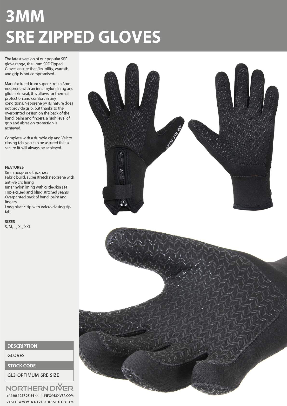 3mm SRE Zipped Glove Data Sheet