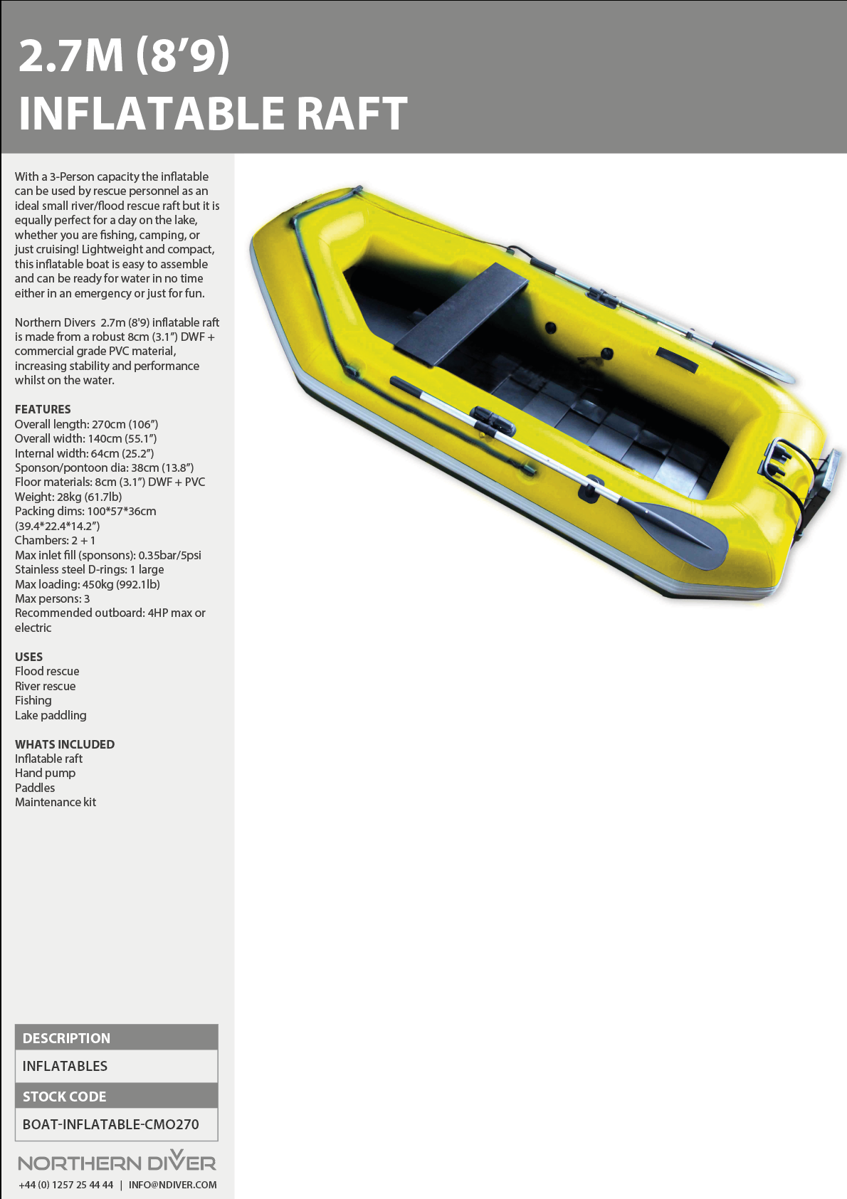 2.7m Raft Data Sheet