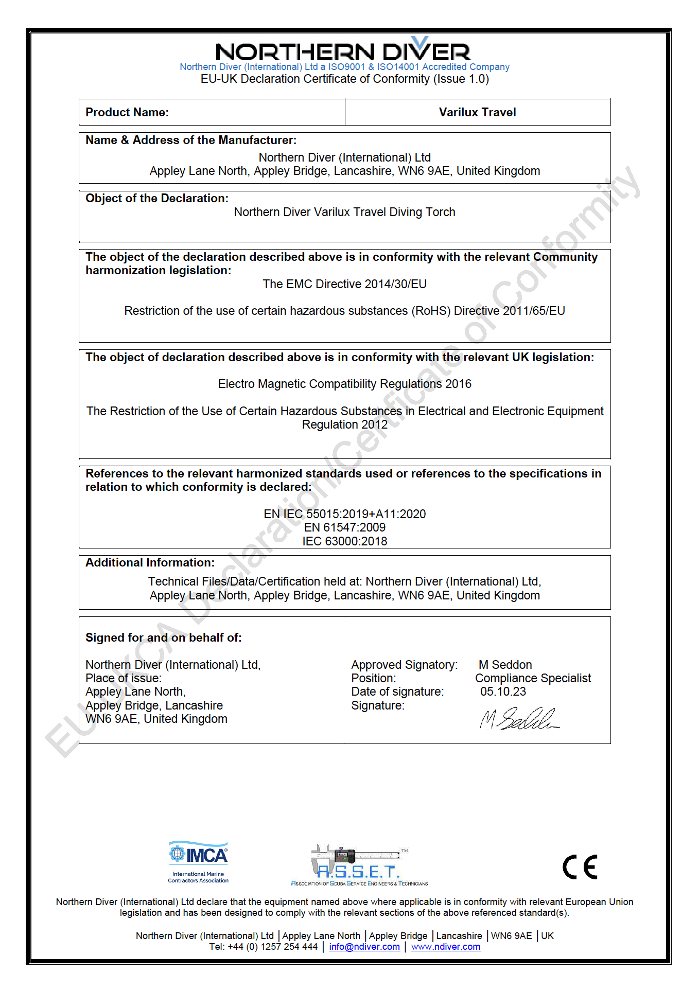 EU-CE Declaration Of Conformity Varilux Travel 