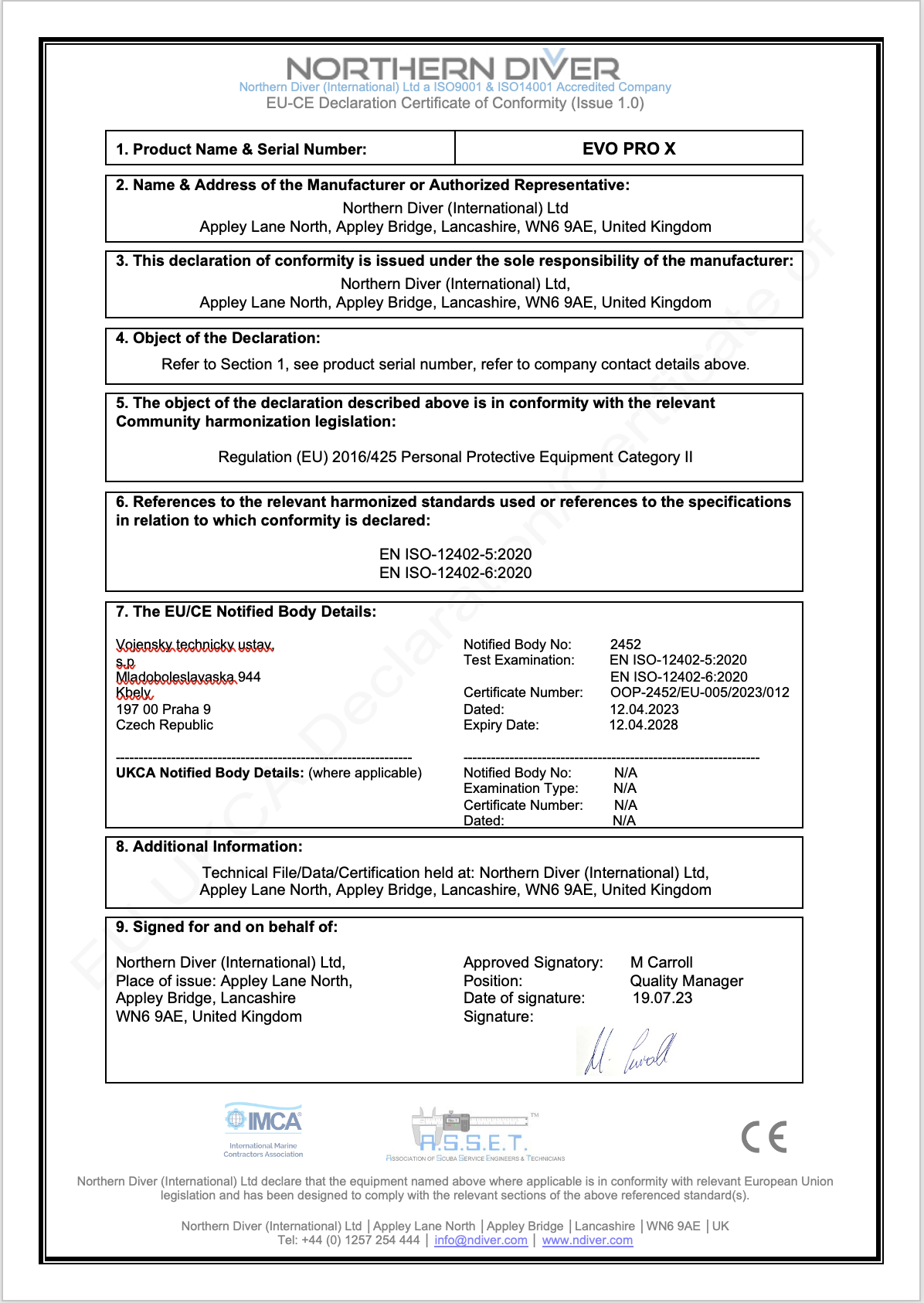 EU-CE Declaration Certificate of Conformity Evo X